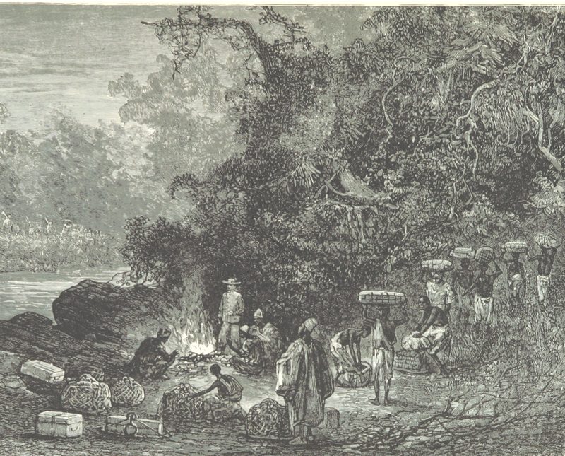 Gravure ancienne d'une caravane faisant halte en brousse, porteurs chargés de ballots près d'un feu