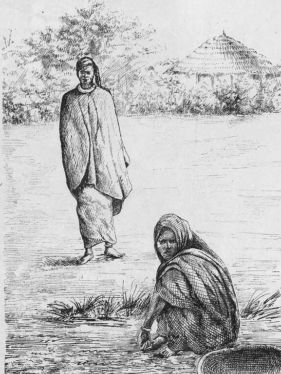 Dessin ancien de deux femmes drapées au bord d'un marigot sénégalais, l'une accroupie près d'une corbeille