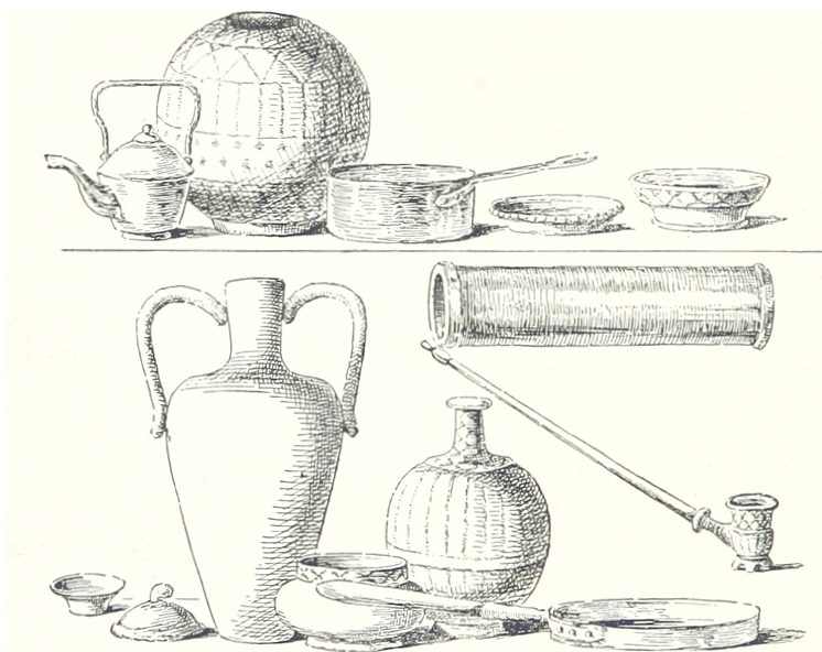 Dessin ancien d'ustensiles domestiques ouest-africains : jarres, calebasse tressée, pots, plats et pipe