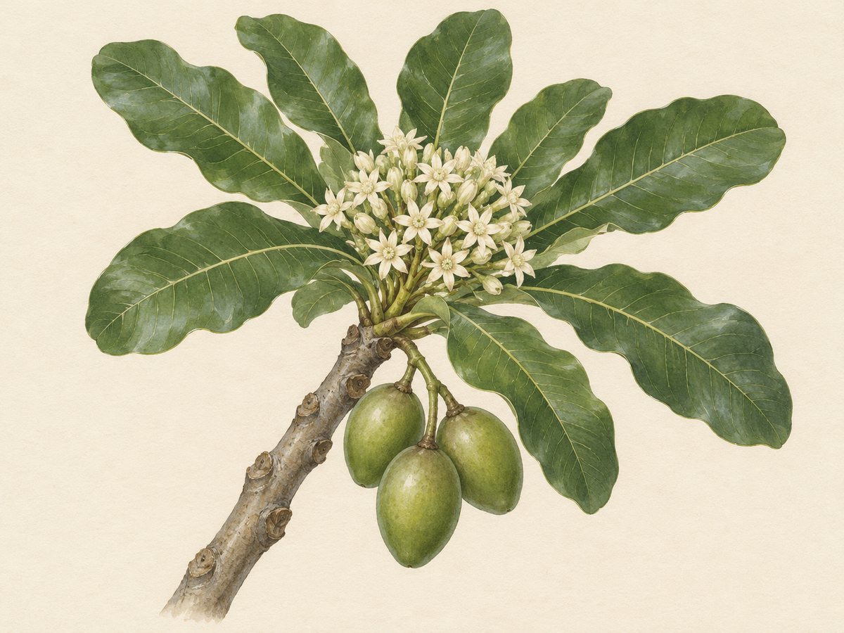 Aquarelle d'un rameau de karité avec feuilles, bouquet de fleurs crème et trois fruits verts